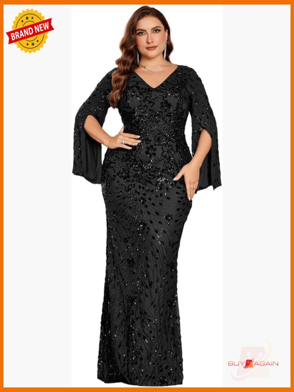 Plus Size Sequin Mermaid Formal Dress Cape Sleeve V-Neck